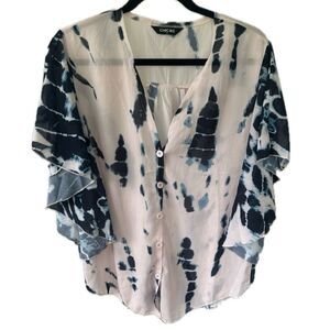 Chicme Sheer Pink Tie Dye Waterfall Sleeve Bohemian V Neck Button Down Blouse S